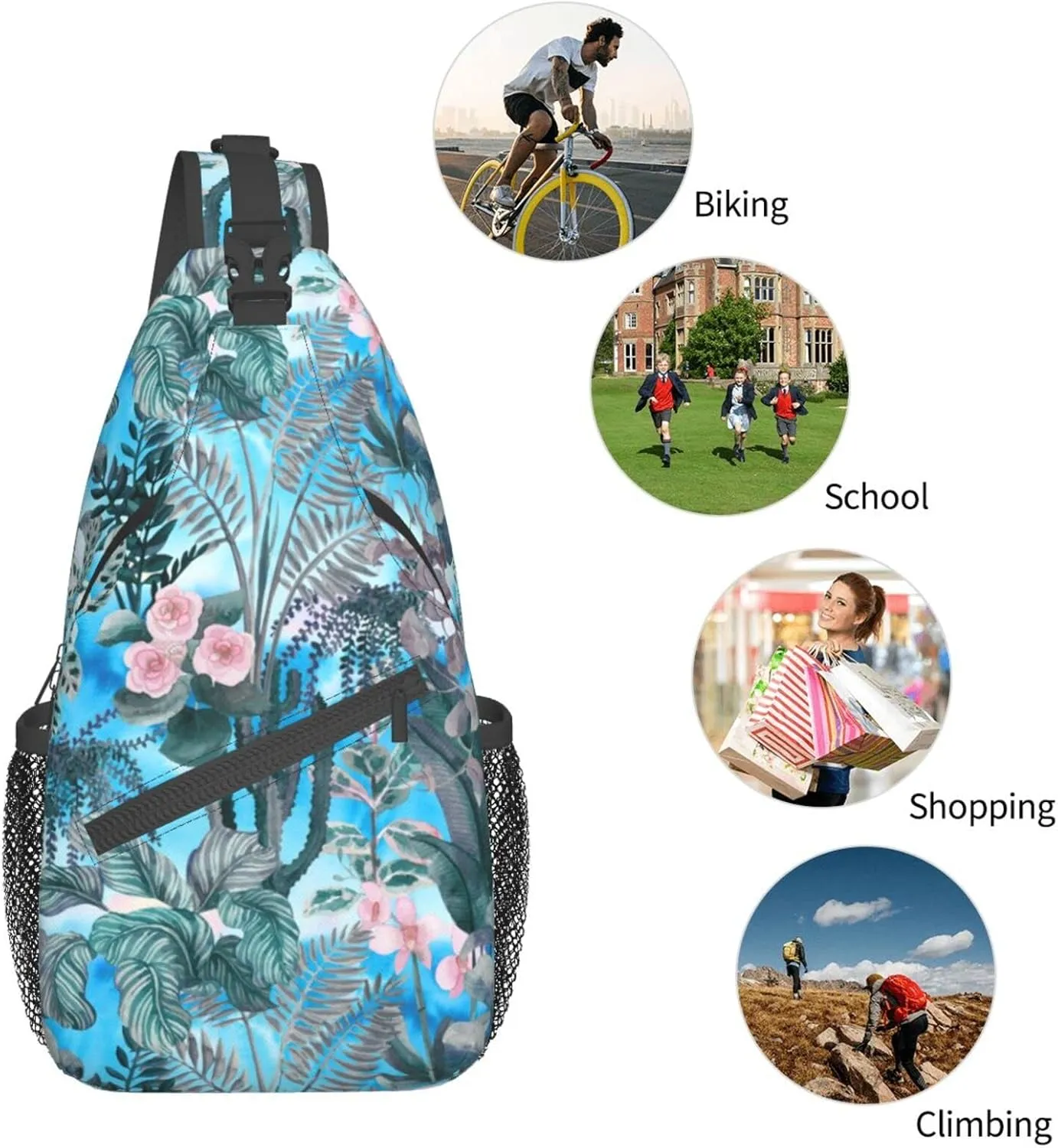 Floral Tropical Plants Leaves Small Sling Bag for Women Men's Crossbody Backpack Casual Hiking Daypack Shoulder Chest Bag with Adjustable Strap