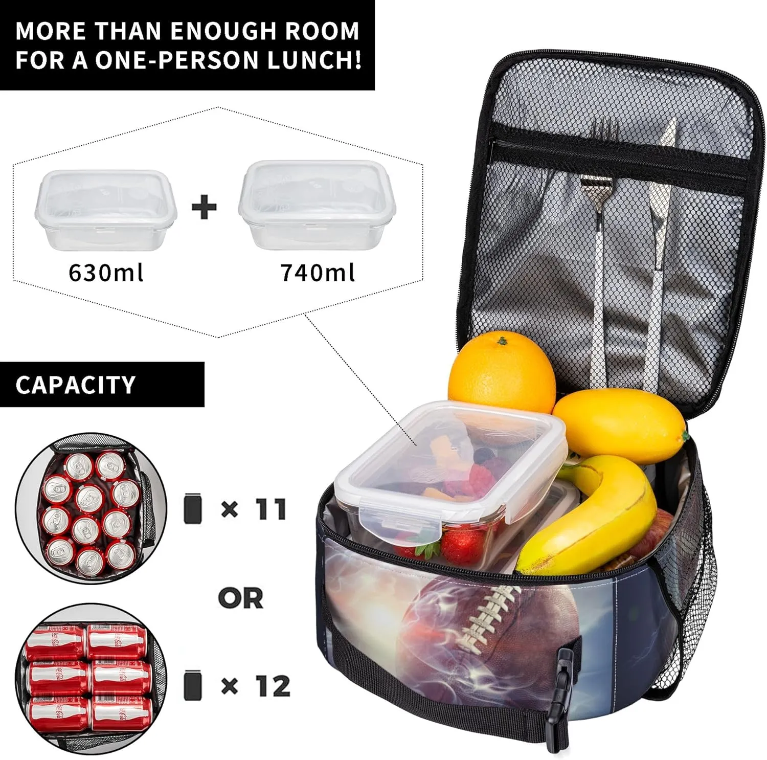 Football Lunch Box Insulated Thermal Reusable Lunch Bag Cooler Totes For Men Work Office Picnic Hiking