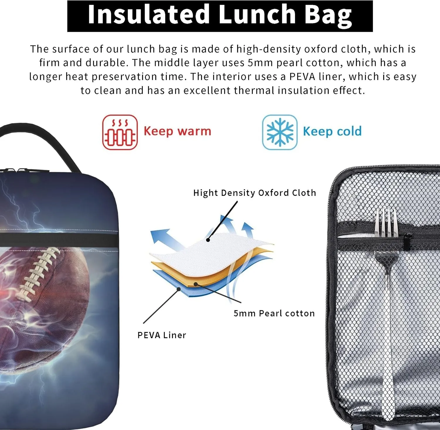 Football Lunch Box Insulated Thermal Reusable Lunch Bag Cooler Totes For Men Work Office Picnic Hiking