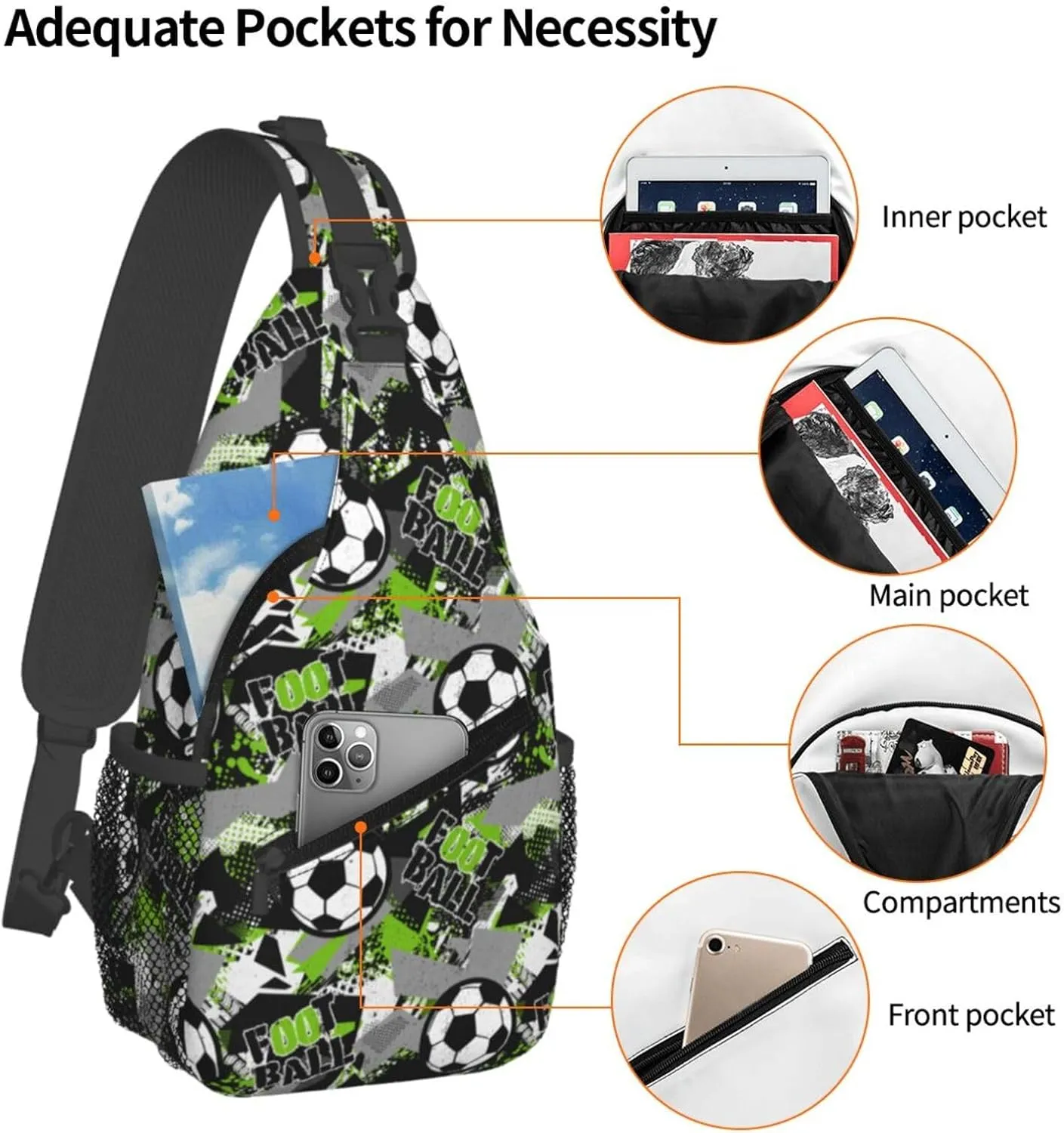 Football Pattern Grunge Urban Chest Sling Bag Crossbody Shoulder Backpack Bag Gym Cycling Daypack Travel Hiking Cross Bag