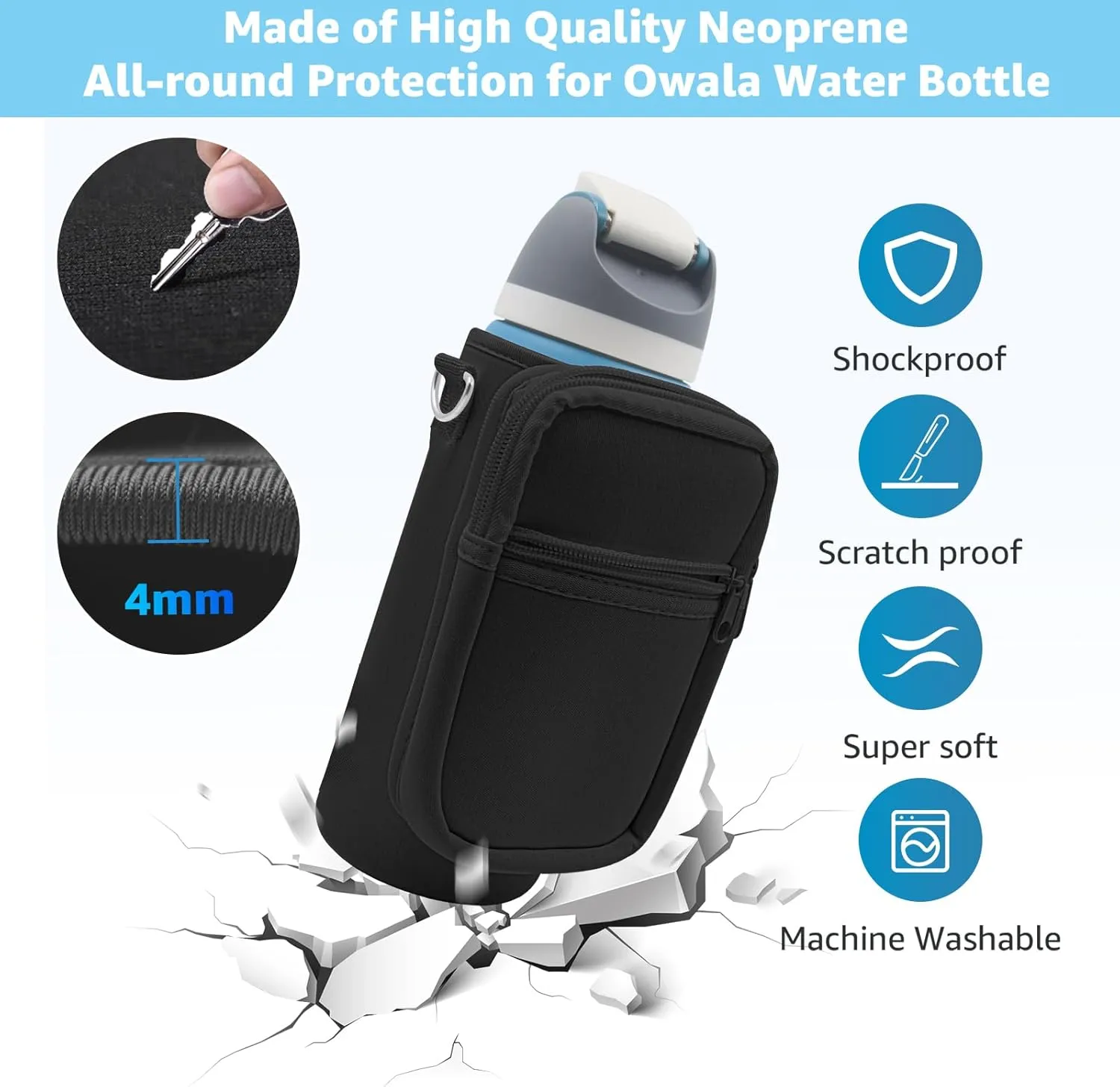 for Owala FreeSip Insulated Stainless Steel Water Bottle Cup Holder Cover Carrier Sling Bag with Strap, Pouch Pocket for Phone/Accessories, add Handle for Owala 24oz (Black-24oz)
