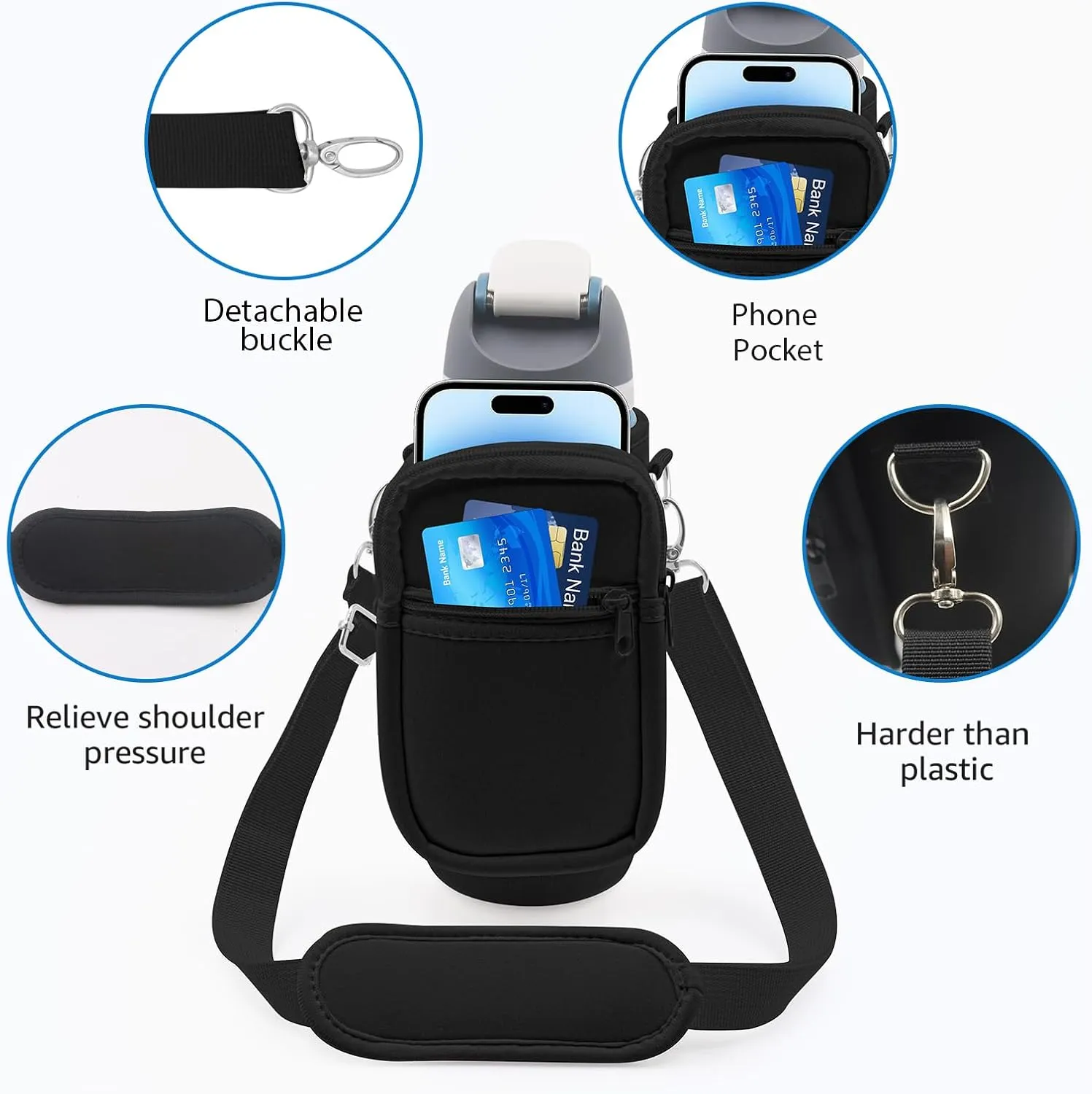 for Owala FreeSip Insulated Stainless Steel Water Bottle Cup Holder Cover Carrier Sling Bag with Strap, Pouch Pocket for Phone/Accessories, add Handle for Owala 24oz (Black-24oz)