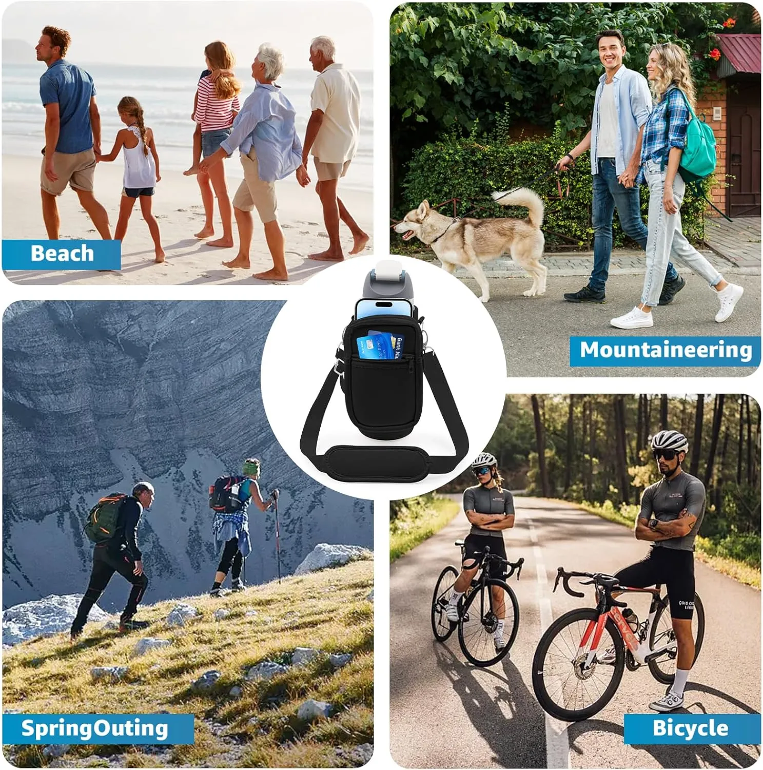 for Owala FreeSip Insulated Stainless Steel Water Bottle Cup Holder Cover Carrier Sling Bag with Strap, Pouch Pocket for Phone/Accessories, add Handle for Owala 24oz (Black-24oz)