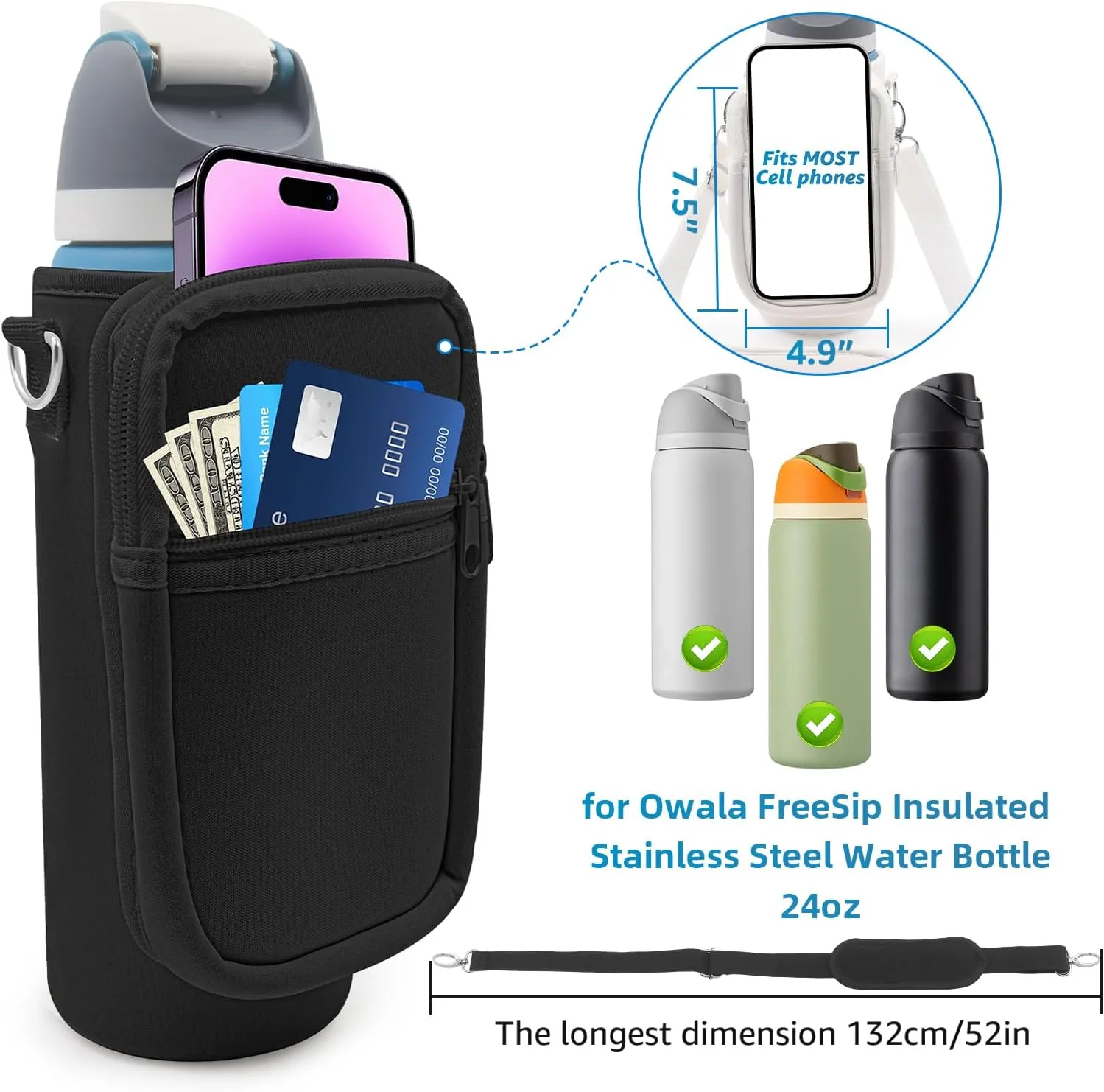 for Owala FreeSip Insulated Stainless Steel Water Bottle Cup Holder Cover Carrier Sling Bag with Strap, Pouch Pocket for Phone/Accessories, add Handle for Owala 24oz (Black-24oz)