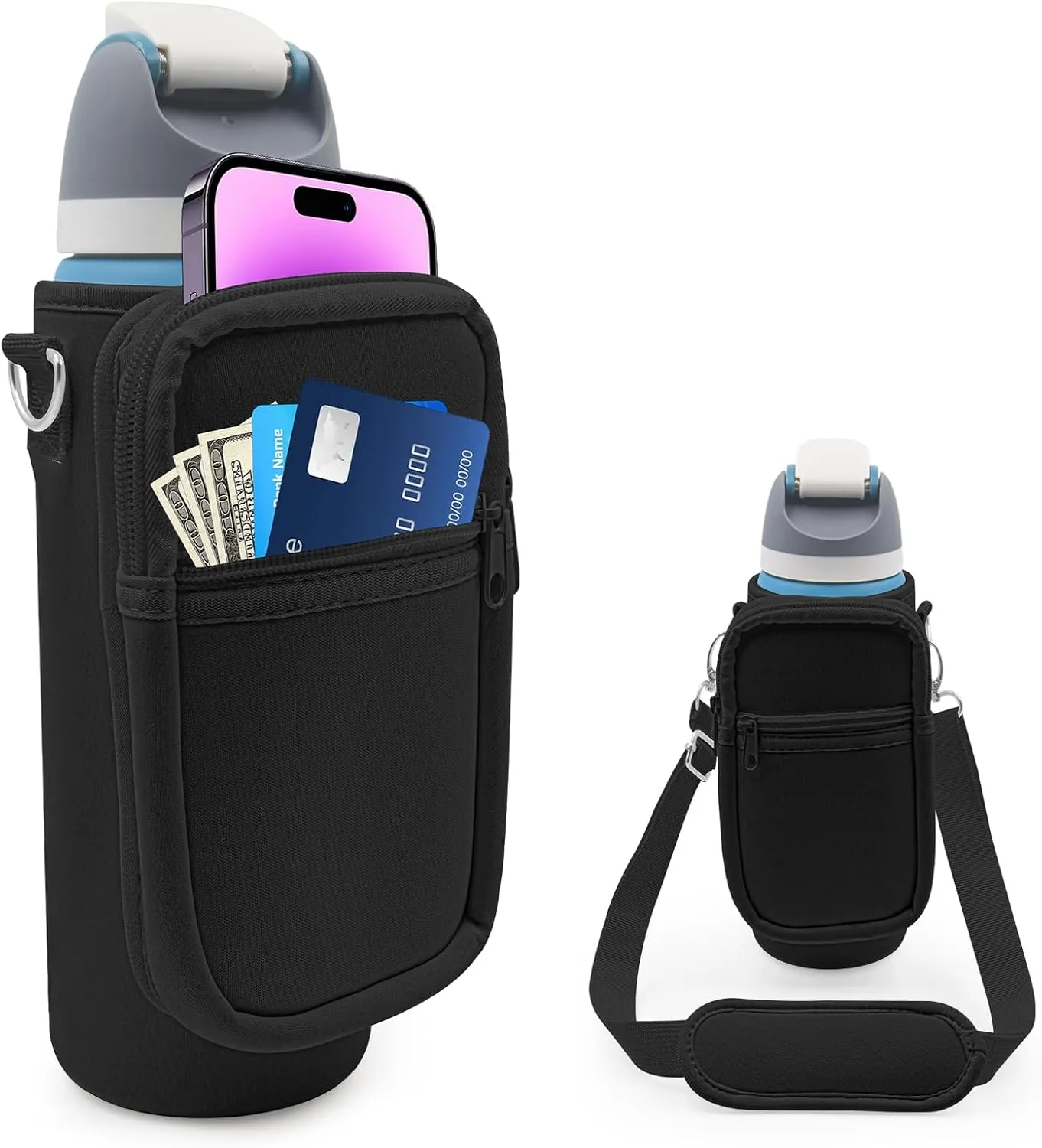 for Owala FreeSip Insulated Stainless Steel Water Bottle Cup Holder Cover Carrier Sling Bag with Strap, Pouch Pocket for Phone/Accessories, add Handle for Owala 24oz (Black-24oz)