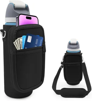 for Owala FreeSip Insulated Stainless Steel Water Bottle Cup Holder Cover Carrier Sling Bag with Strap, Pouch Pocket for Phone/Accessories, add Handle for Owala 24oz (Black-24oz)