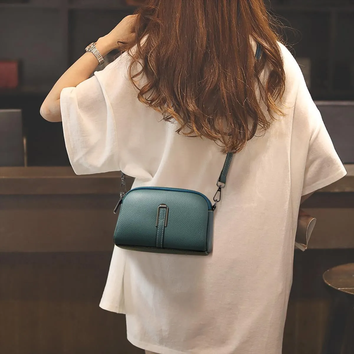 FOXLOVER Small Crossbody Bags for Women Double Zip Cell Phone Leather Handbag with Ajustable Shoulder Strap