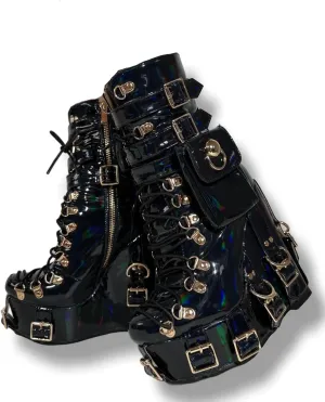 Frankie Hsu Short Bootie High Heeled Wedge Platform Neon Pink Patent Ribbon Thick Fashion Cheerleader Lolita Large Big Size Buckle Belt Pocket Lace Up Ankle Boot For Girl Women Men