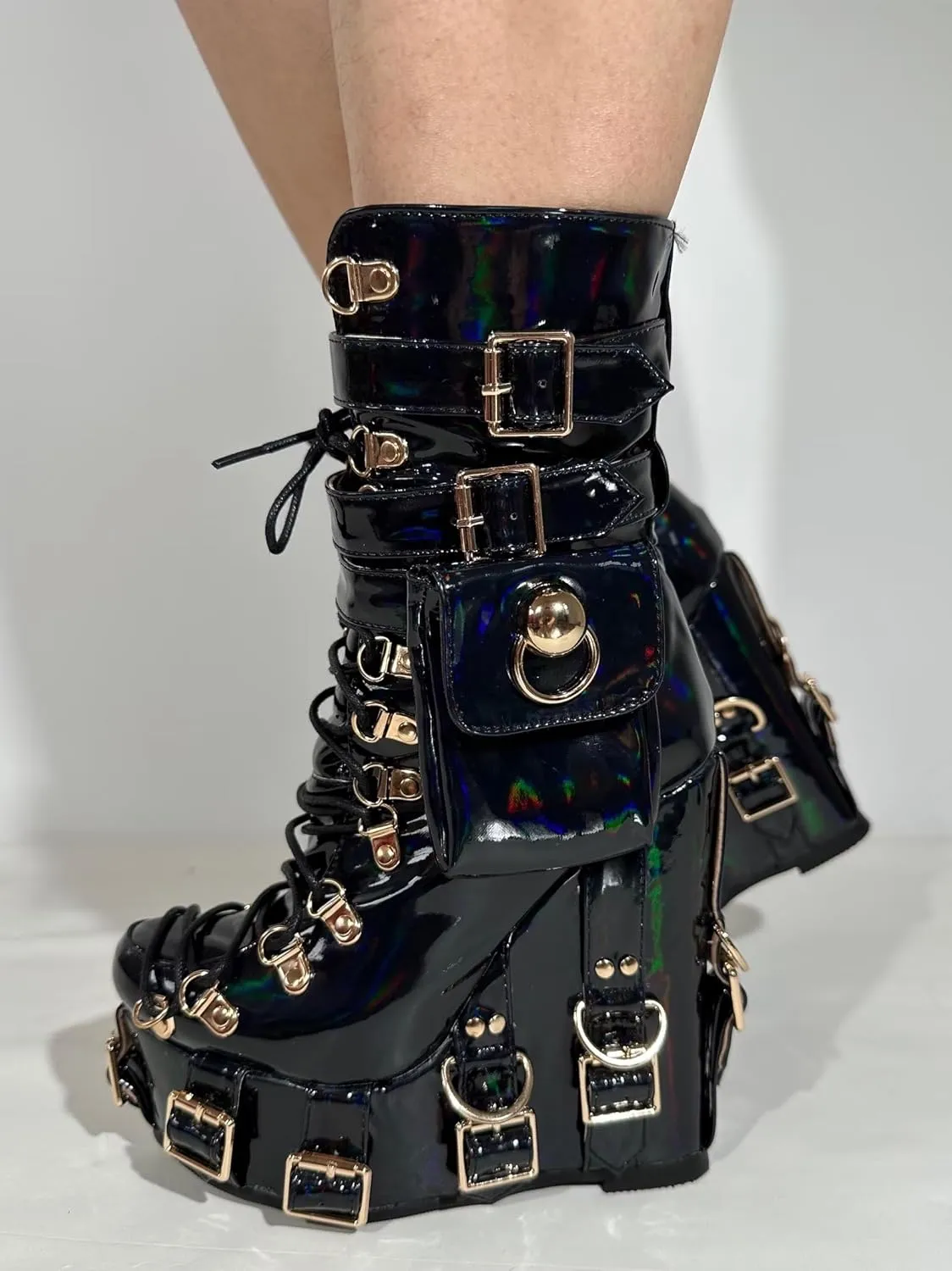 Frankie Hsu Short Bootie High Heeled Wedge Platform Neon Pink Patent Ribbon Thick Fashion Cheerleader Lolita Large Big Size Buckle Belt Pocket Lace Up Ankle Boot For Girl Women Men