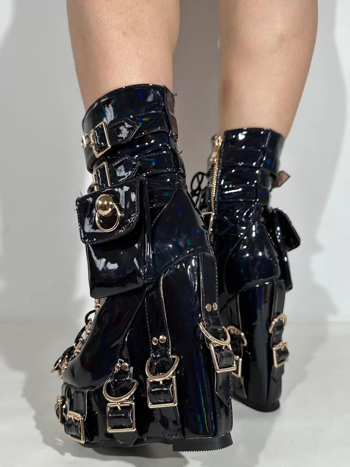 Frankie Hsu Short Bootie High Heeled Wedge Platform Neon Pink Patent Ribbon Thick Fashion Cheerleader Lolita Large Big Size Buckle Belt Pocket Lace Up Ankle Boot For Girl Women Men