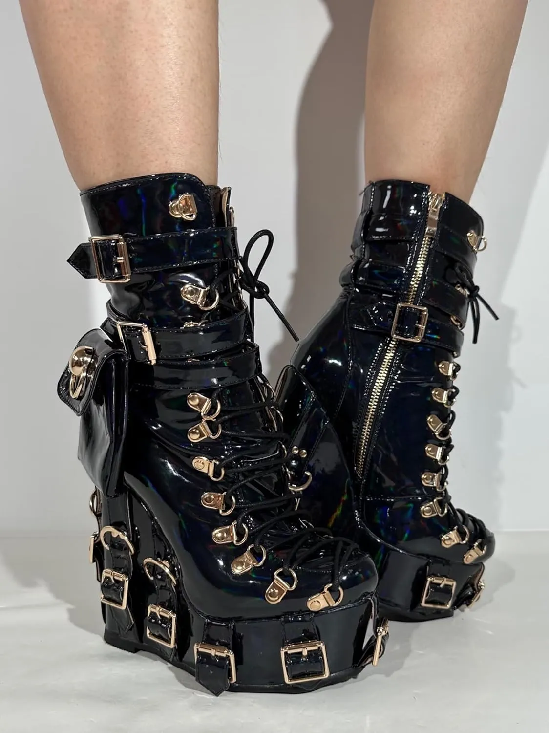 Frankie Hsu Short Bootie High Heeled Wedge Platform Neon Pink Patent Ribbon Thick Fashion Cheerleader Lolita Large Big Size Buckle Belt Pocket Lace Up Ankle Boot For Girl Women Men