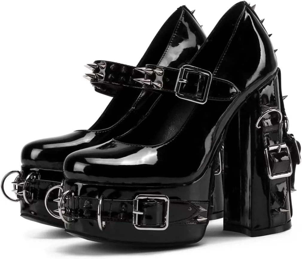 Frankie Hsu Women's Gothic Large Size Black Patent Leather Buckle Belt Ring Rivet Shinny Sexy Platform Chunky High Heels Ankle Strap Heeled Bootie Shoes