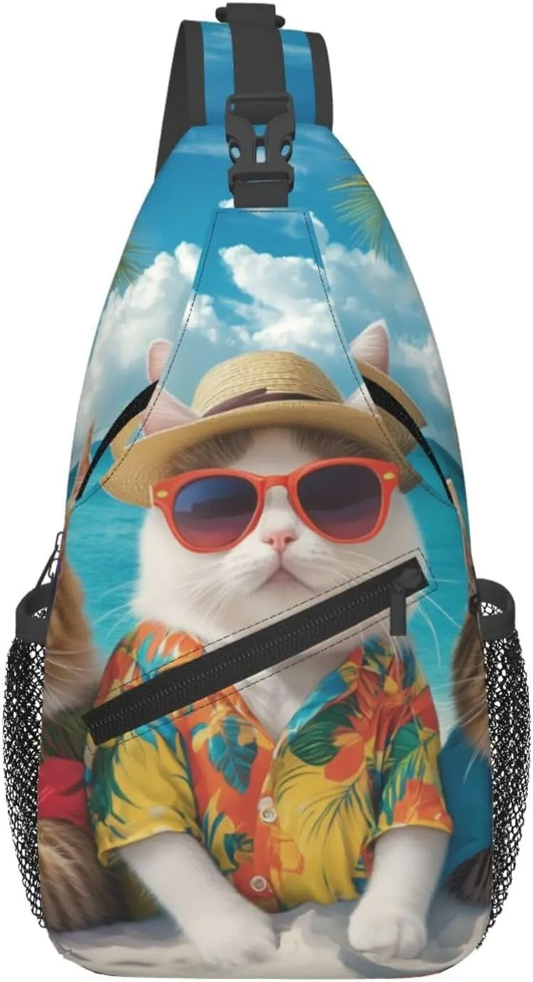 Funny Cat Summer Beach Sling Bag Crossbody Bag for Men Women, Daypack Chest Backpack Shoulder Bag for Travle Hiking
