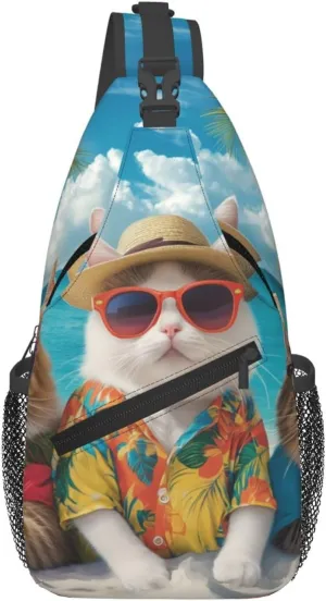 Funny Cat Summer Beach Sling Bag Crossbody Bag for Men Women, Daypack Chest Backpack Shoulder Bag for Travle Hiking