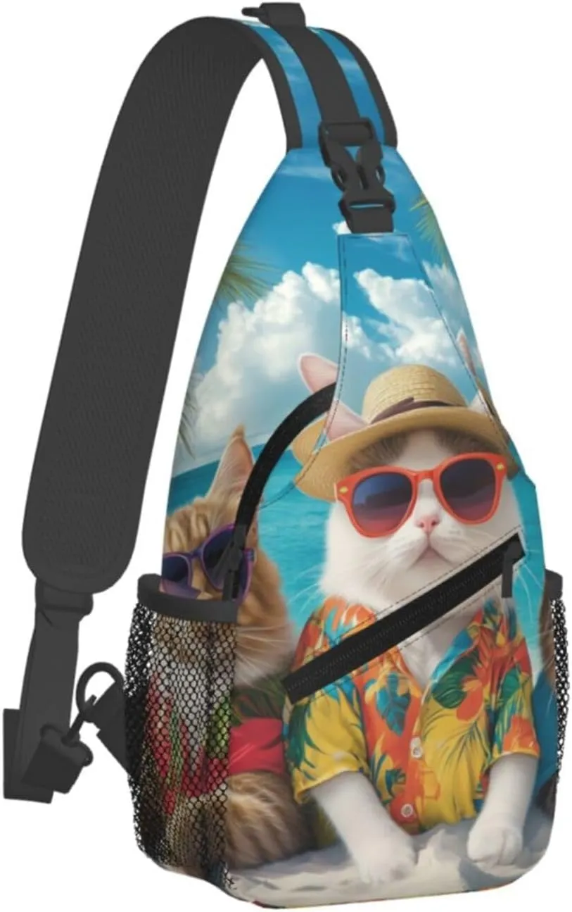 Funny Cat Summer Beach Sling Bag Crossbody Bag for Men Women, Daypack Chest Backpack Shoulder Bag for Travle Hiking