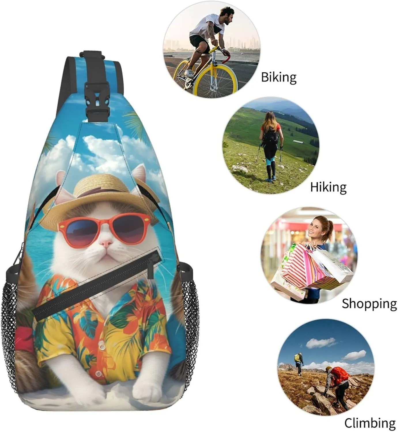 Funny Cat Summer Beach Sling Bag Crossbody Bag for Men Women, Daypack Chest Backpack Shoulder Bag for Travle Hiking