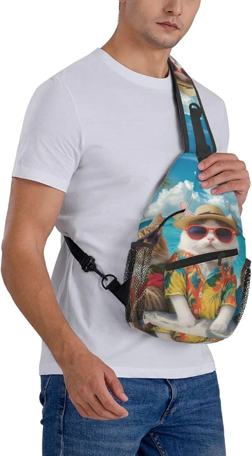 Funny Cat Summer Beach Sling Bag Crossbody Bag for Men Women, Daypack Chest Backpack Shoulder Bag for Travle Hiking