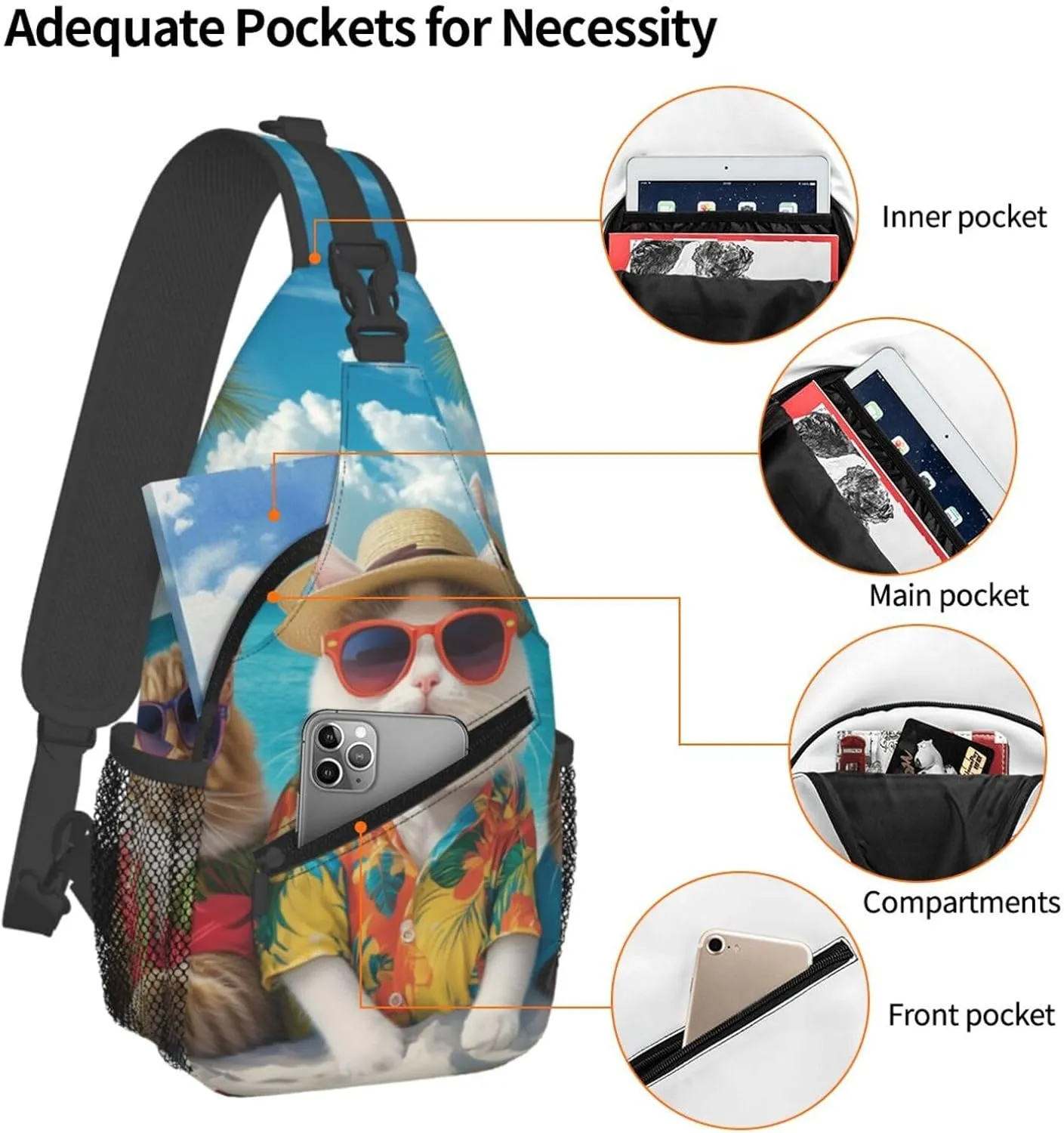 Funny Cat Summer Beach Sling Bag Crossbody Bag for Men Women, Daypack Chest Backpack Shoulder Bag for Travle Hiking