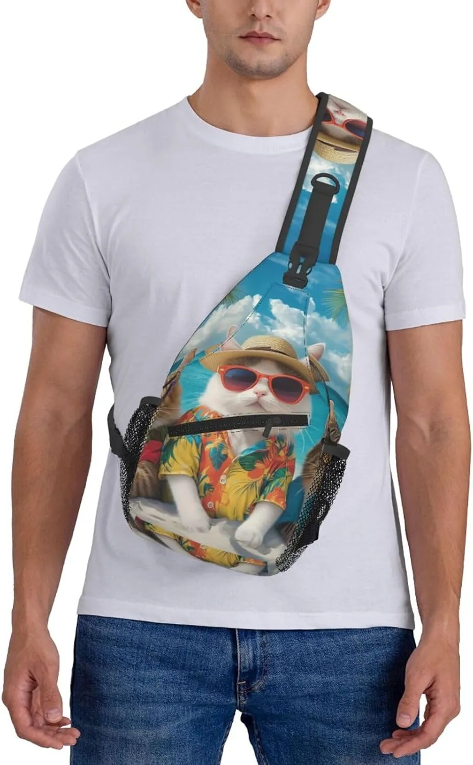 Funny Cat Summer Beach Sling Bag Crossbody Bag for Men Women, Daypack Chest Backpack Shoulder Bag for Travle Hiking