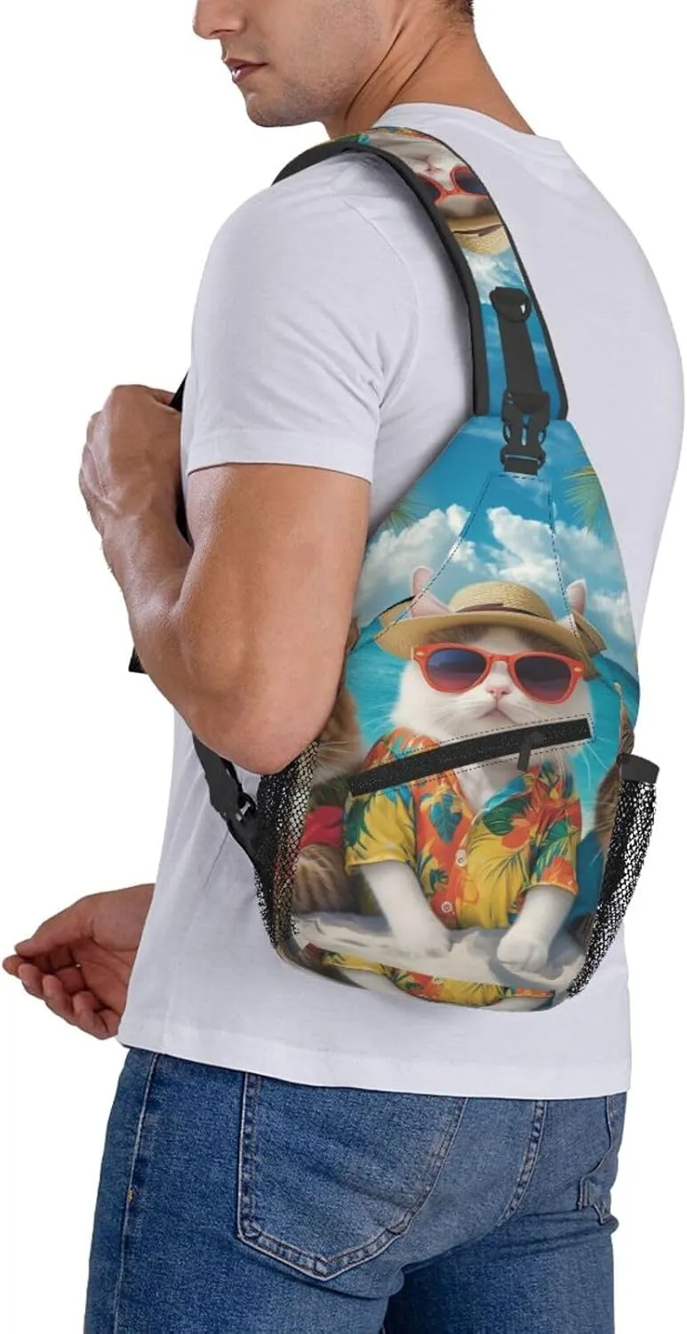 Funny Cat Summer Beach Sling Bag Crossbody Bag for Men Women, Daypack Chest Backpack Shoulder Bag for Travle Hiking