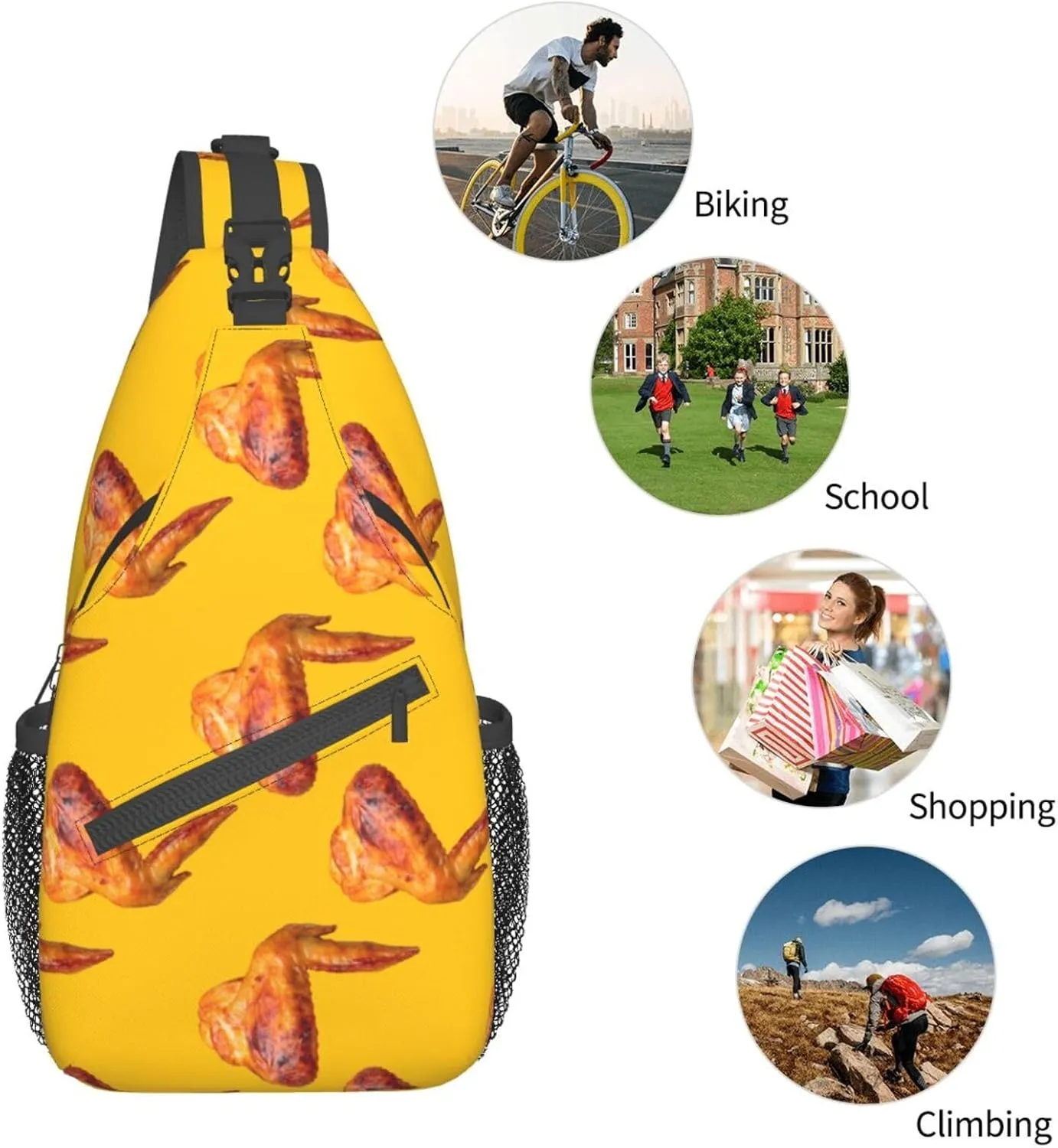 Funny Chicken Wings Yellow Sling Bag for Men Women Crossbody Sling Backpack Cycling Hiking Daypack Shoulder Chest Bag with Adjustable Strap, Alzslbgcb1109-123
