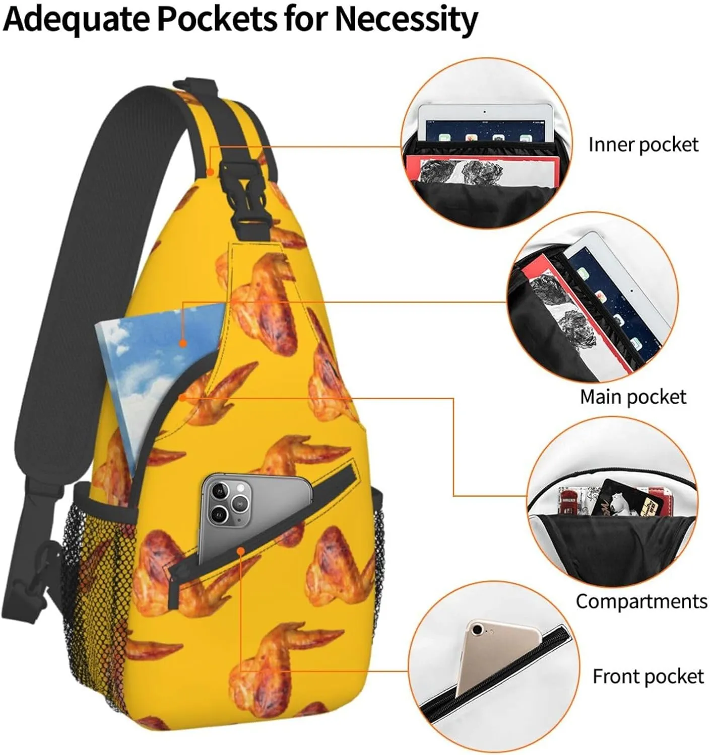Funny Chicken Wings Yellow Sling Bag for Men Women Crossbody Sling Backpack Cycling Hiking Daypack Shoulder Chest Bag with Adjustable Strap, Alzslbgcb1109-123