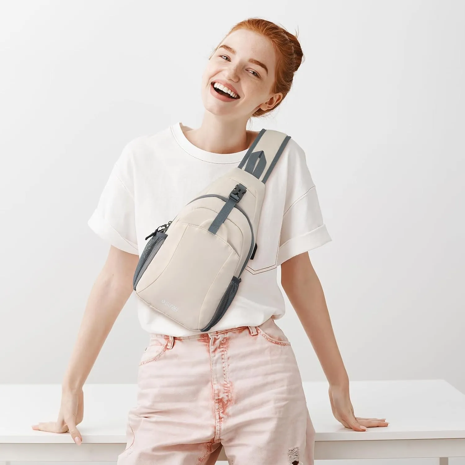 G4Free Sling Bag RFID Crossbody Sling Backpack with USB Charging Port, Travel Hiking Daypack Shoulder Chest Bag for Women Men(Ivory)