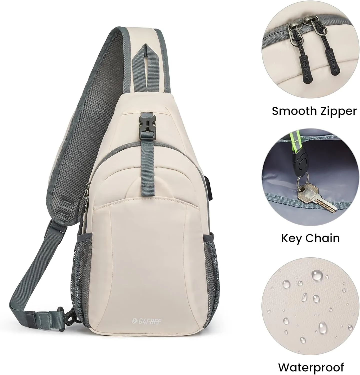 G4Free Sling Bag RFID Crossbody Sling Backpack with USB Charging Port, Travel Hiking Daypack Shoulder Chest Bag for Women Men(Ivory)