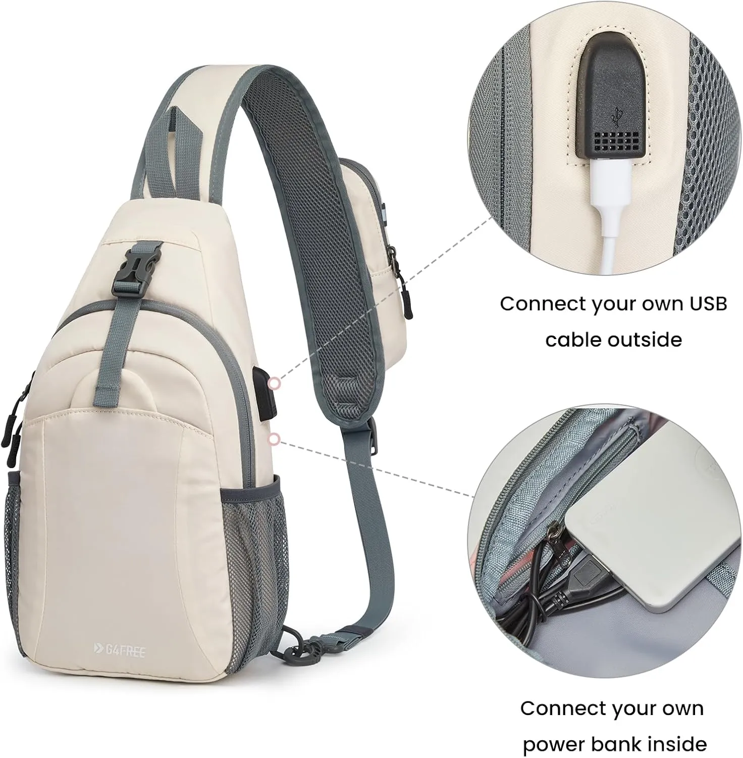 G4Free Sling Bag RFID Crossbody Sling Backpack with USB Charging Port, Travel Hiking Daypack Shoulder Chest Bag for Women Men(Ivory)