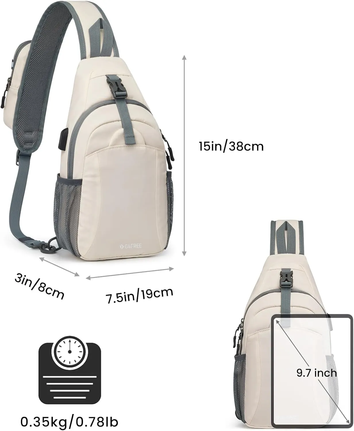 G4Free Sling Bag RFID Crossbody Sling Backpack with USB Charging Port, Travel Hiking Daypack Shoulder Chest Bag for Women Men(Ivory)