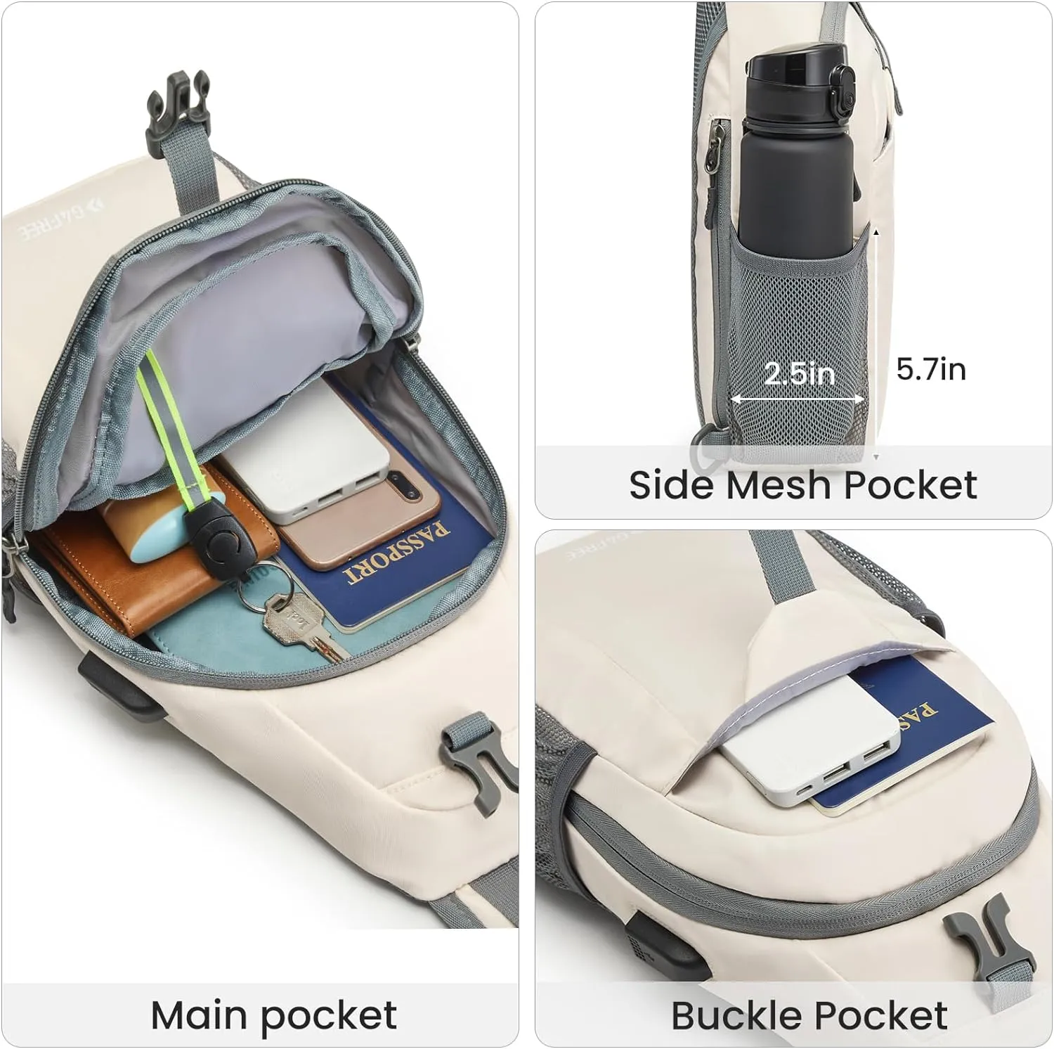 G4Free Sling Bag RFID Crossbody Sling Backpack with USB Charging Port, Travel Hiking Daypack Shoulder Chest Bag for Women Men(Ivory)