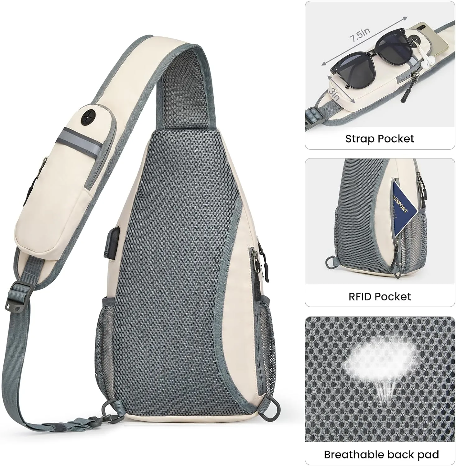 G4Free Sling Bag RFID Crossbody Sling Backpack with USB Charging Port, Travel Hiking Daypack Shoulder Chest Bag for Women Men(Ivory)