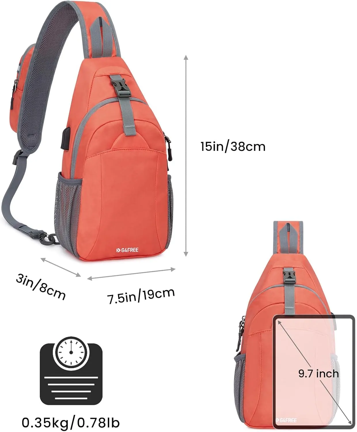 G4Free Sling Bag RFID Crossbody Sling Backpack with USB Charging Port, Travel Hiking Daypack Shoulder Chest Bag for Women Men(Orange)