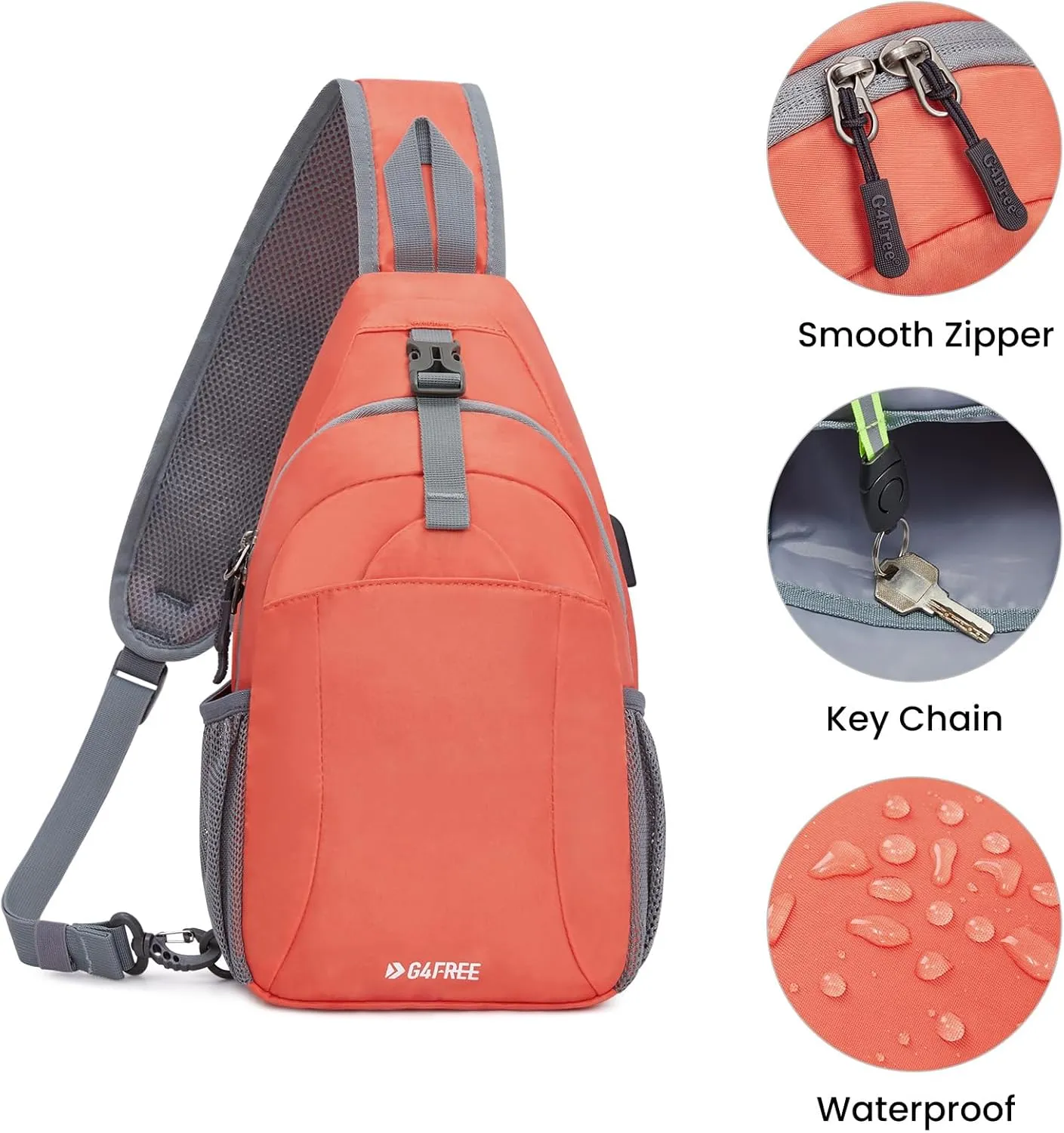 G4Free Sling Bag RFID Crossbody Sling Backpack with USB Charging Port, Travel Hiking Daypack Shoulder Chest Bag for Women Men(Orange)