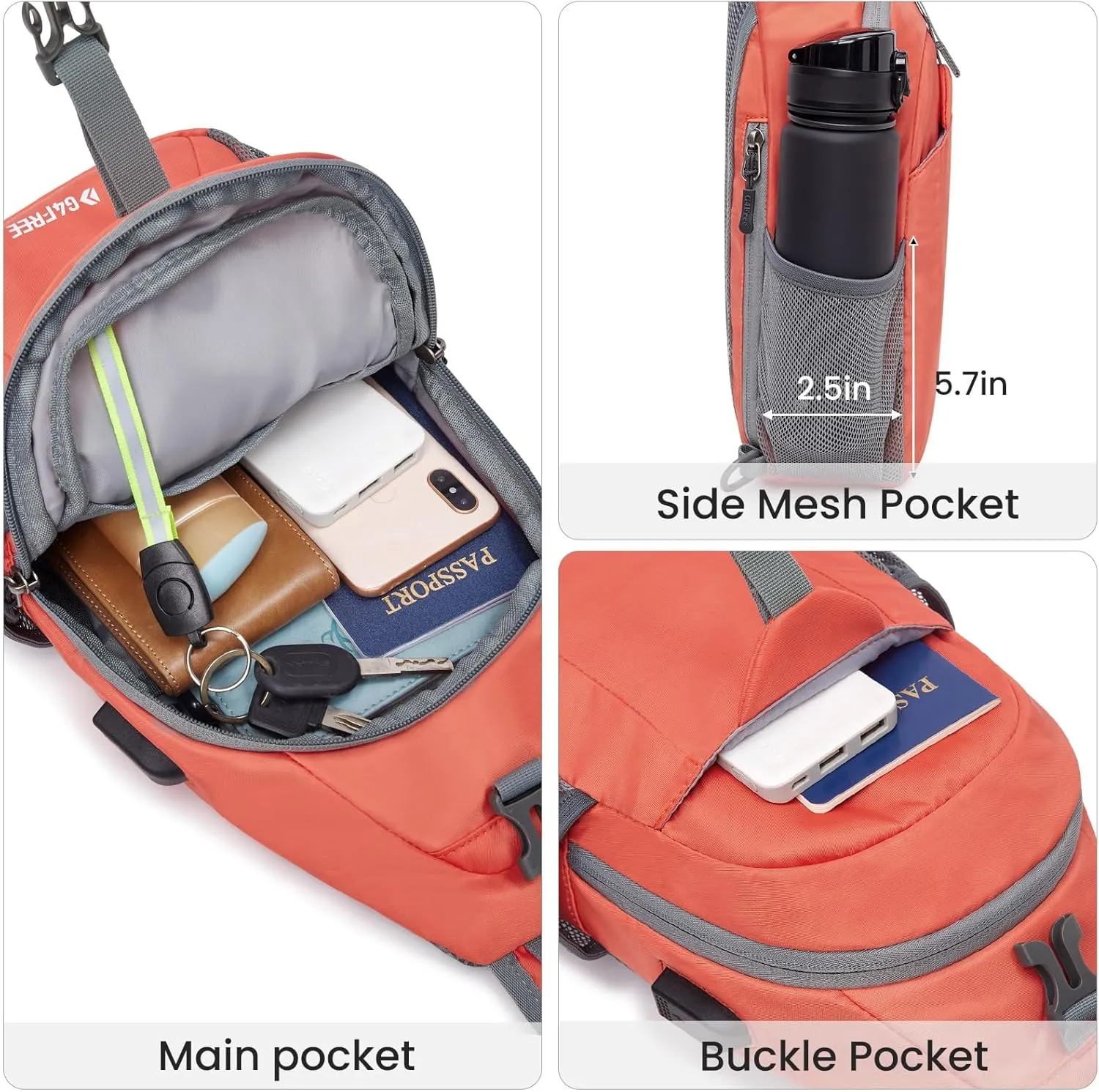 G4Free Sling Bag RFID Crossbody Sling Backpack with USB Charging Port, Travel Hiking Daypack Shoulder Chest Bag for Women Men(Orange)