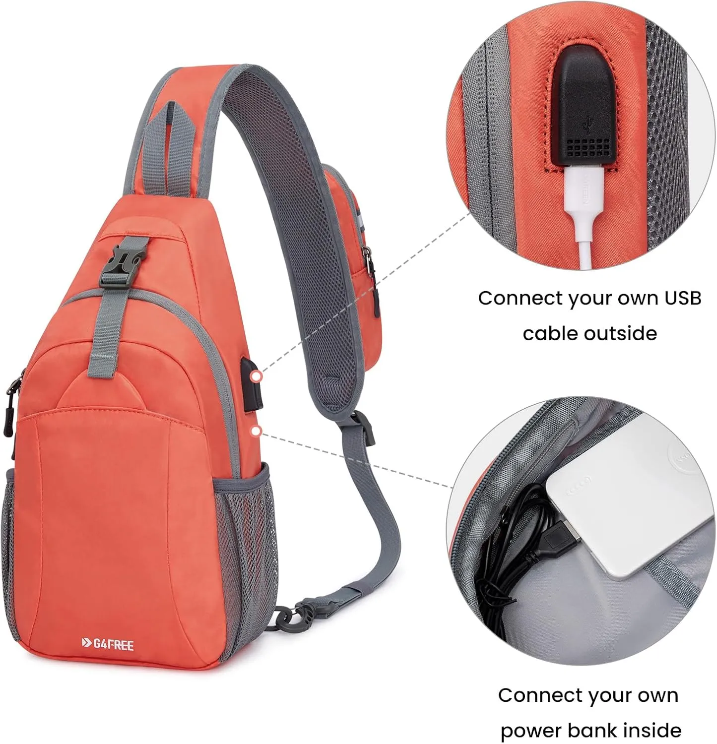 G4Free Sling Bag RFID Crossbody Sling Backpack with USB Charging Port, Travel Hiking Daypack Shoulder Chest Bag for Women Men(Orange)