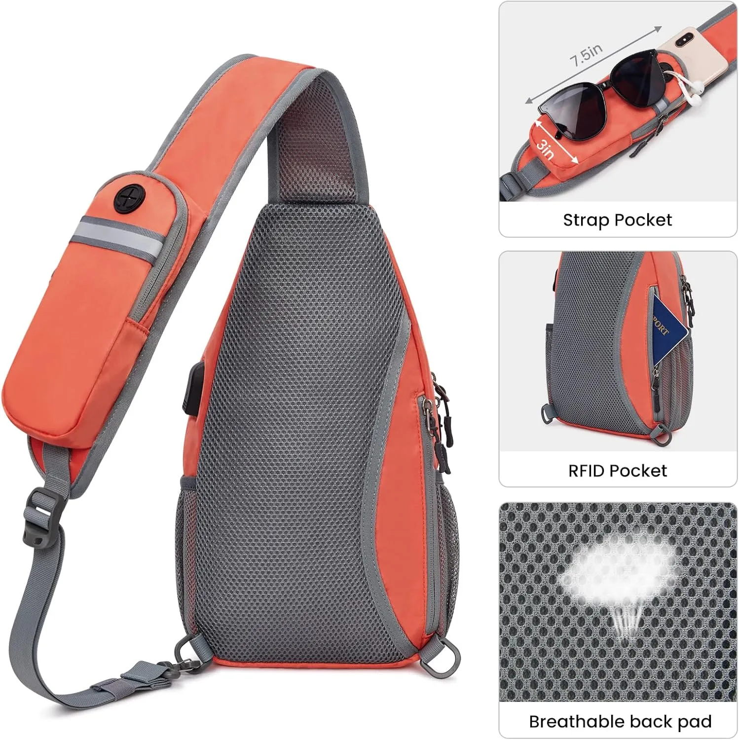 G4Free Sling Bag RFID Crossbody Sling Backpack with USB Charging Port, Travel Hiking Daypack Shoulder Chest Bag for Women Men(Orange)