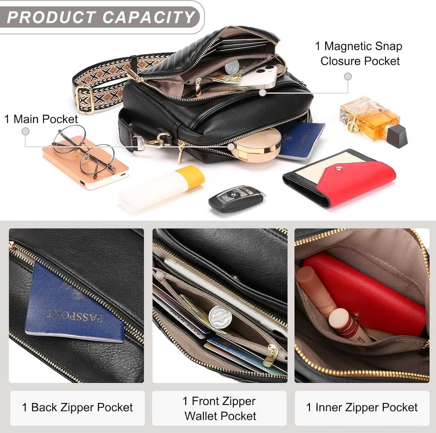 GAEKEAO Quilted Crossbody Bags for Women Vegan Leather Purses with Wide Strap,Women's Crossbody Travel Purse Built in Wallet