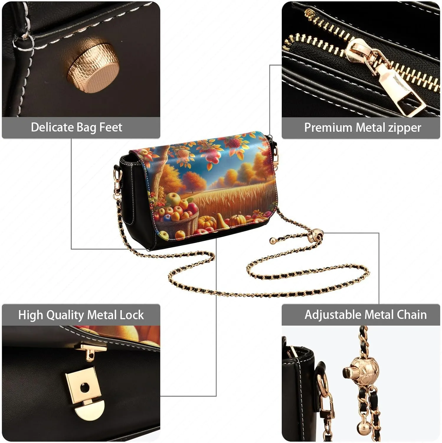 GAIGEO Fruitful Autumn Leather Crossbody Bags for Women Medium Size, Womens Crossbody Purse with Flap, Leather Crossbody Bag