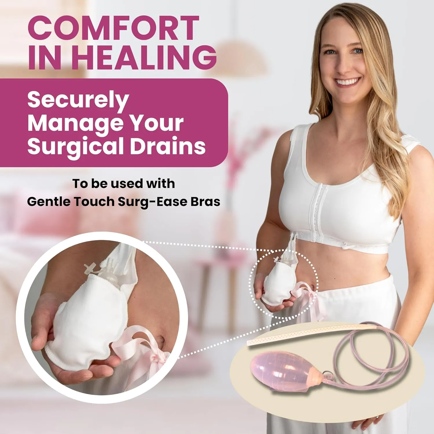 Gentle Touch Surg-Ease Drain Holder Pouch - Essential Surgical Recovery Supplies for Post Mastectomy, Lumpectomy, and Breast Surgery - Surg-Ease Drain Pouch Compatible with Surg-Ease Bra - White