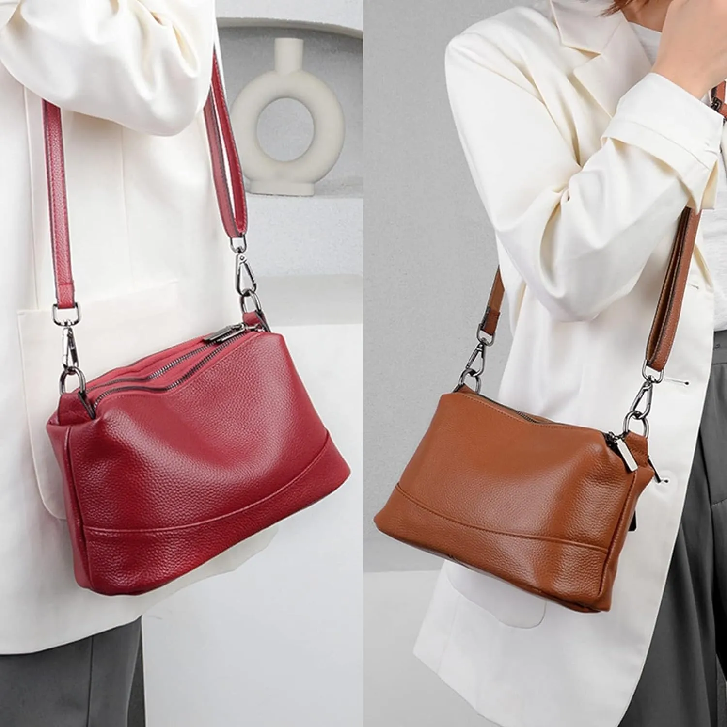 Genuine Leather Crossbody Bags for Women Shoulder Purse Cross Body with Wristlet Top Zipper