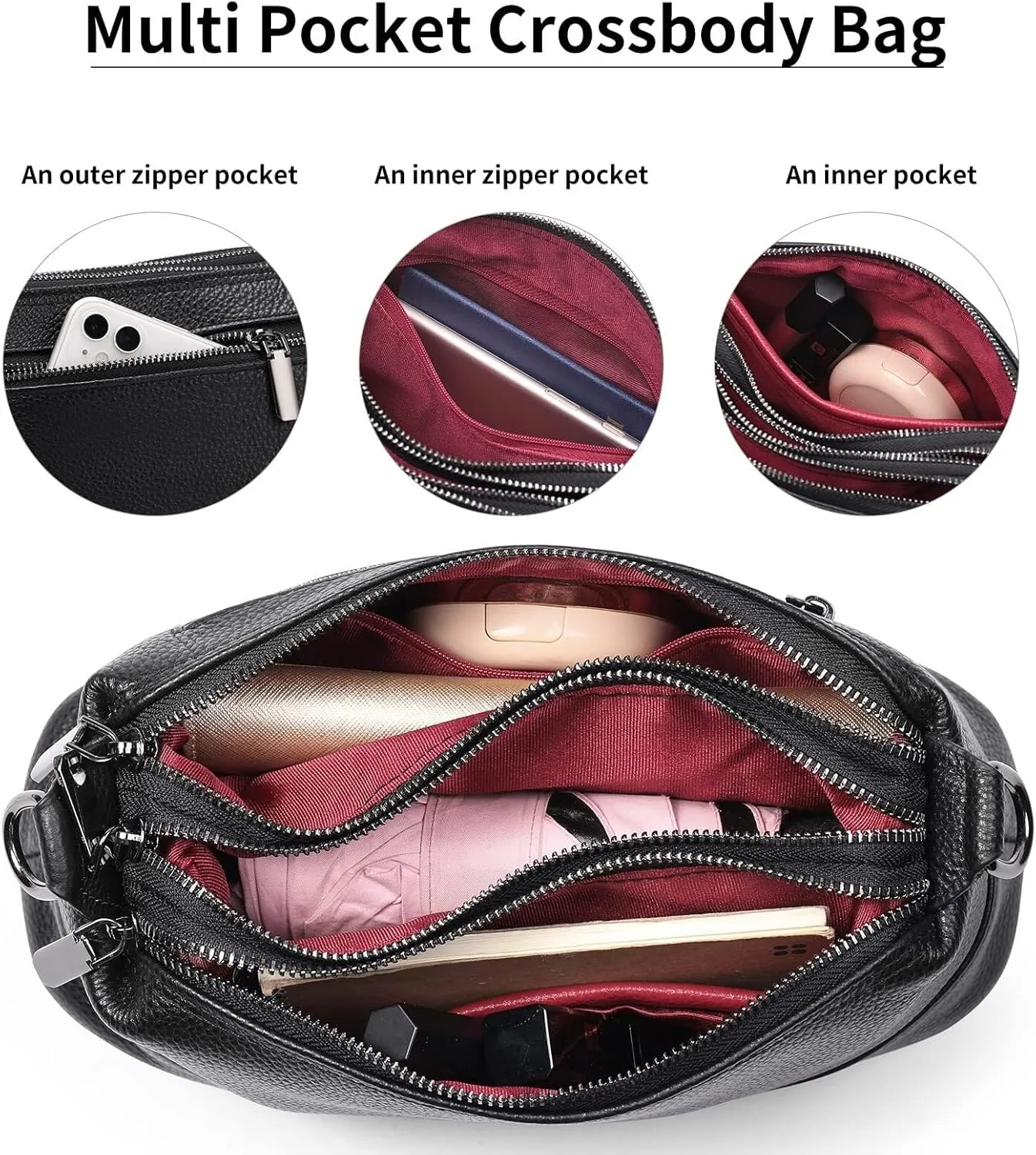 Genuine Leather Crossbody Bags for Women Shoulder Purse Cross Body with Wristlet Top Zipper