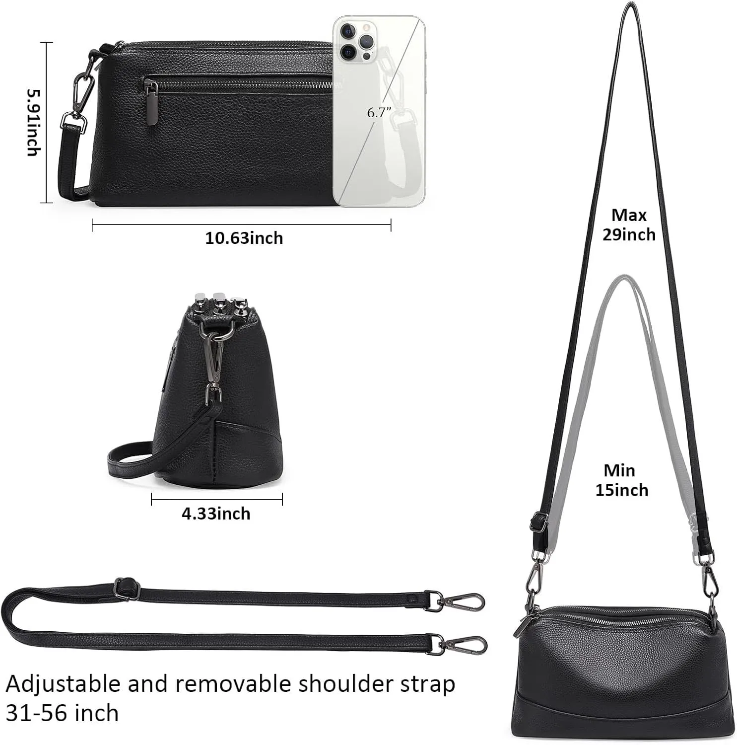 Genuine Leather Crossbody Bags for Women Shoulder Purse Cross Body with Wristlet Top Zipper