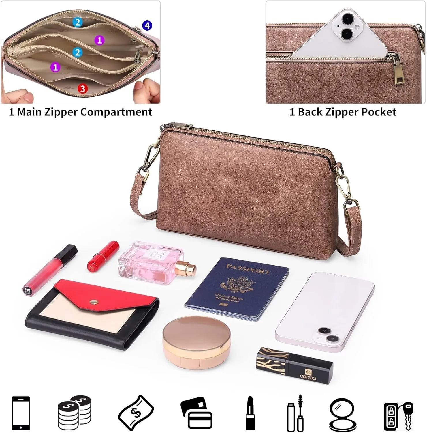 Genuine Leather Crossbody Bags for Women Shoulder Purse Cross Body with Wristlet Top Zipper