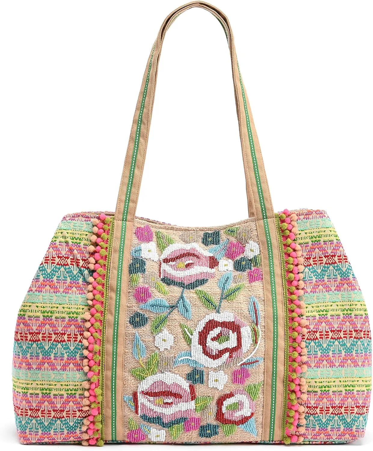Geo Floral Beaded Tote large Handbag Pink Orange Blue Bag NEW