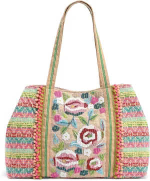 Geo Floral Beaded Tote large Handbag Pink Orange Blue Bag NEW