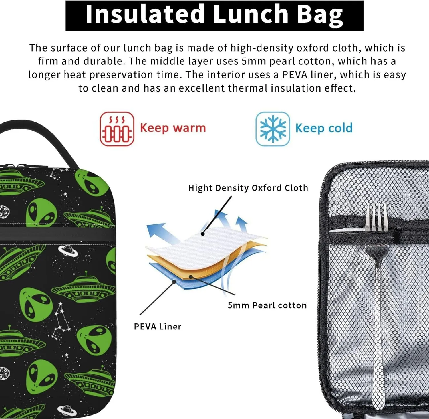 Gianlaima Alien Space Graffiti Spaceship Planet Stars Lunch Bag Portable Insulated Lunch Bag Reusable Cooler Totes For Women Men Adults Work Picnic Camping