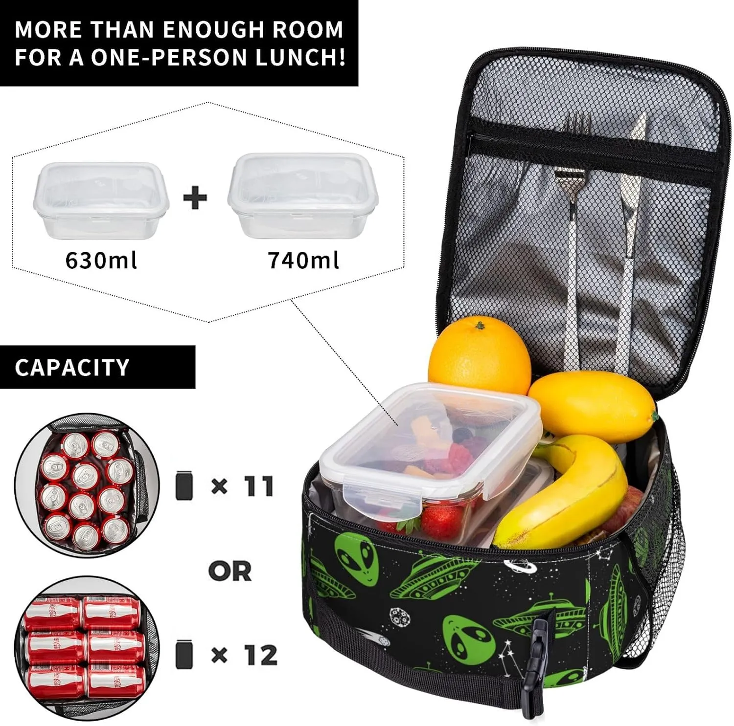 Gianlaima Alien Space Graffiti Spaceship Planet Stars Lunch Bag Portable Insulated Lunch Bag Reusable Cooler Totes For Women Men Adults Work Picnic Camping