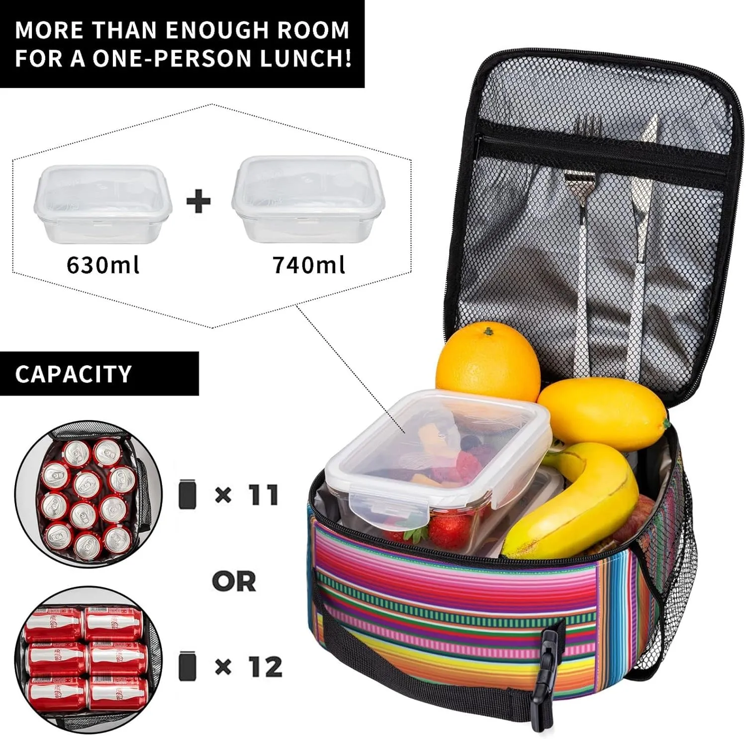 Gianlaima Mexican Blanket Serape Stripe Pattern Colorful Lunch Bag Portable Insulated Lunch Bag Reusable Cooler Totes For Women Men Adults Work Picnic Camping