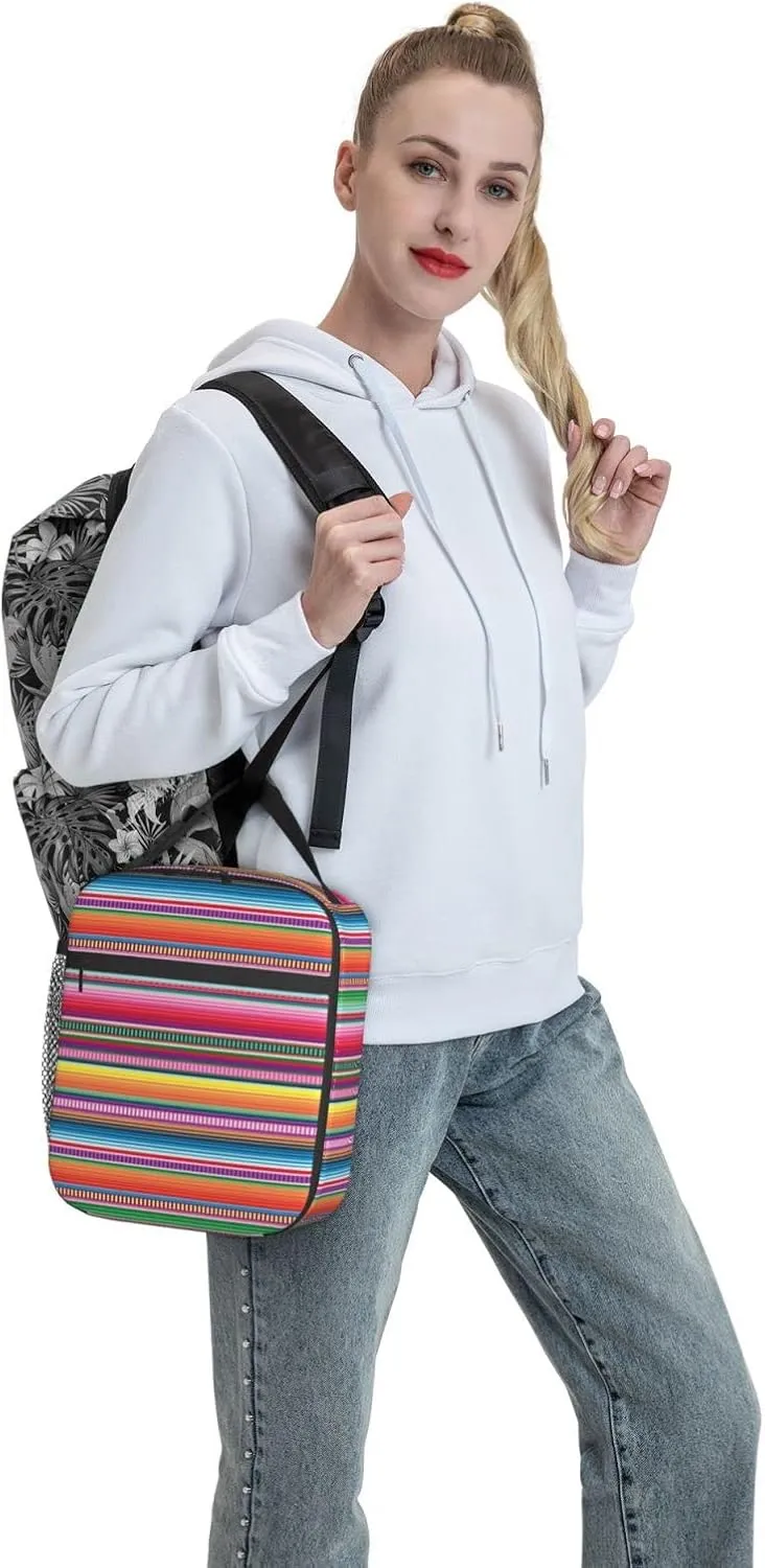 Gianlaima Mexican Blanket Serape Stripe Pattern Colorful Lunch Bag Portable Insulated Lunch Bag Reusable Cooler Totes For Women Men Adults Work Picnic Camping